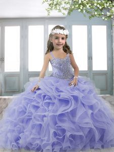 High End Floor Length Lavender Pageant Dress for Teens Organza Sleeveless Beading