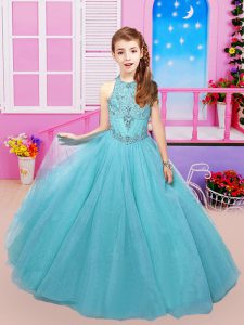 Popular Beading Little Girl Pageant Dress Aqua Blue Lace Up Sleeveless Floor Length Sweep Train
