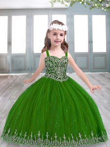 Green Ball Gowns Straps Sleeveless Lace Floor Length Lace Up Beading and Appliques Pageant Dress for Teens