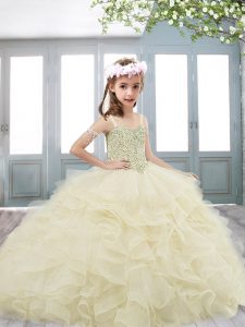 Straps Sleeveless Pageant Gowns For Girls Brush Train Beading Light Yellow Tulle