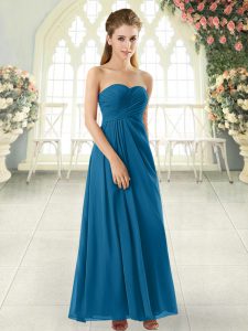 Ruching Prom Evening Gown Blue Zipper Sleeveless Ankle Length