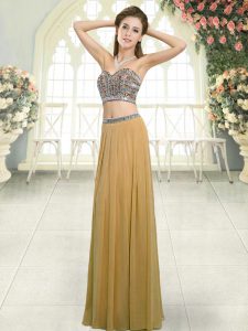 Beading Prom Dresses Gold Backless Sleeveless Floor Length