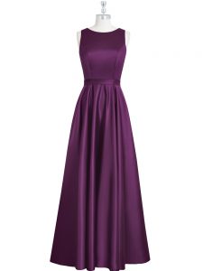Eggplant Purple Backless Scoop Ruching and Pleated Prom Dresses Elastic Woven Satin Sleeveless