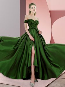 Graceful Sleeveless Beading Backless Prom Party Dress with Green Sweep Train