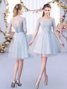 Perfect Half Sleeves Tulle Mini Length Lace Up Bridesmaid Dresses in Grey with Lace