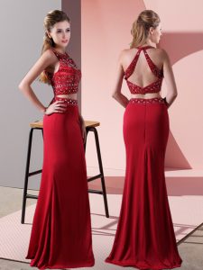 Red Sleeveless Elastic Woven Satin Backless for Prom and Party and Military Ball