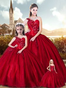 Red One Shoulder Neckline Beading and Appliques 15 Quinceanera Dress Sleeveless Lace Up