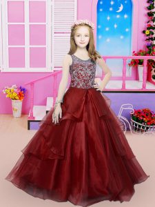Low Price Sweep Train A-line Little Girl Pageant Dress Red Scoop Organza Sleeveless Lace Up