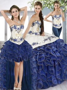 Blue And White Sleeveless Beading and Embroidery and Ruffles Floor Length Quinceanera Dresses
