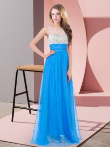 Customized Sleeveless Floor Length Beading Side Zipper Prom Gown with Baby Blue