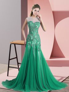Green Sleeveless Beading and Appliques Backless Dress for Prom