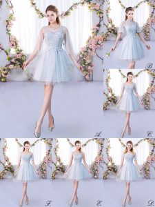 Sexy Tulle Scoop 3 4 Length Sleeve Lace Up Lace Dama Dress for Quinceanera in Grey