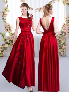 Red Empire Scoop Sleeveless Satin Floor Length Backless Beading and Appliques Quinceanera Court of Honor Dress