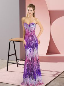 Fitting Sleeveless Floor Length Lace Up Prom Party Dress in Eggplant Purple with Sequins