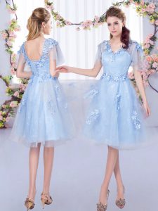 Fancy V-neck Short Sleeves Tulle Bridesmaid Dresses Appliques Lace Up