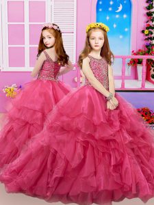 Elegant Hot Pink Kids Formal Wear Organza Sweep Train Sleeveless Beading