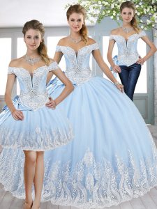 Low Price Floor Length Baby Blue Quinceanera Dress Off The Shoulder Sleeveless Lace Up