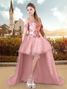 Pink Sleeveless Beading and Appliques High Low Prom Gown