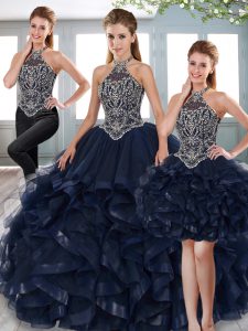 Beauteous Navy Blue Three Pieces Halter Top Sleeveless Tulle Floor Length Lace Up Beading and Ruffled Layers Quince Ball