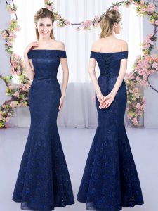 Navy Blue Off The Shoulder Lace Up Lace Dama Dress for Quinceanera Sleeveless