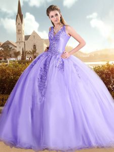 Cute Lavender Sleeveless Sweep Train Beading and Lace Sweet 16 Dresses