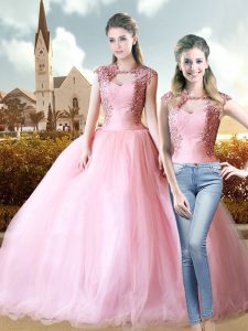 Unique Pink Sleeveless Sweep Train Beading and Lace Sweet 16 Quinceanera Dress