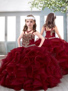 Ball Gowns Child Pageant Dress Fuchsia Straps Organza Sleeveless Floor Length Lace Up