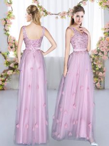 Fine Lavender Empire V-neck Sleeveless Tulle Floor Length Lace Up Beading and Appliques Dama Dress for Quinceanera