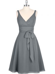 Artistic Mini Length Grey Evening Dress V-neck Sleeveless Zipper
