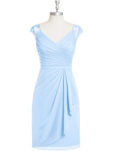 Sweet Light Blue Column/Sheath V-neck Cap Sleeves Chiffon Knee Length Zipper Appliques and Ruching Dress for Prom