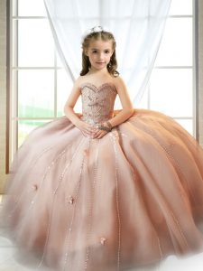 Excellent Pink Lace Up Sweetheart Beading and Appliques Pageant Gowns For Girls Tulle Sleeveless