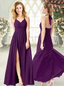Glamorous Purple Sleeveless Floor Length Ruching Backless Prom Party Dress