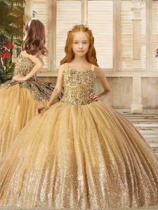 High Class Gold Ball Gowns Straps Sleeveless Sweep Train Lace Up Beading Little Girls Pageant Gowns