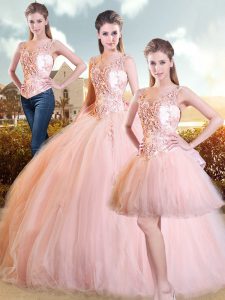 Beauteous Pink Lace Up Quinceanera Gowns Beading and Appliques Sleeveless Sweep Train