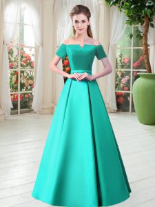 Vintage Turquoise A-line Satin Off The Shoulder Short Sleeves Belt Floor Length Lace Up Prom Gown