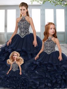 Sleeveless Floor Length Beading and Appliques Lace Up Sweet 16 Quinceanera Dress with Navy Blue