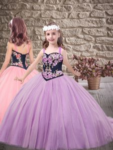 Lavender Sleeveless With Train Beading and Embroidery Lace Up Little Girl Pageant Dress