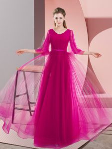 Nice Long Sleeves Tulle Floor Length Zipper in Pink and Fuchsia with Beading
