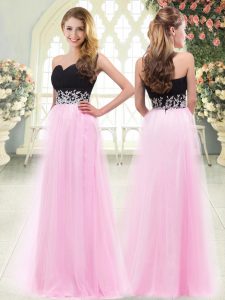 Traditional Sweetheart Sleeveless Prom Evening Gown Floor Length Appliques Rose Pink Tulle