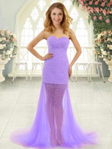 Modest Sleeveless Beading Zipper Prom Gown with Lavender Brush Train