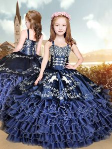 Floor Length Lace Up Little Girl Pageant Gowns Navy Blue for Party and Wedding Party with Embroidery and Ruffles