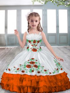 Hot Selling Coral Red Ball Gowns Straps Sleeveless Floor Length Lace Up Embroidery Pageant Gowns For Girls