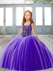 Best Brush Train Ball Gowns Pageant Dress Toddler Purple Straps Tulle Sleeveless Lace Up