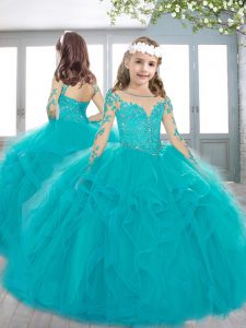 Perfect Teal Tulle Lace Up Scoop Long Sleeves Pageant Gowns For Girls Sweep Train Beading and Appliques