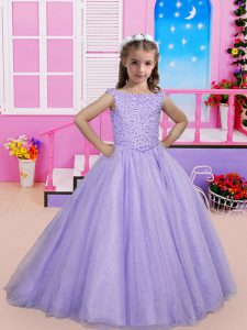 A-line Sleeveless Lavender Girls Pageant Dresses Sweep Train Lace Up