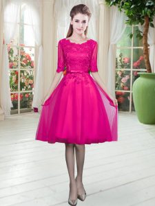 Fashionable Fuchsia Scoop Lace Up Lace Prom Gown Half Sleeves