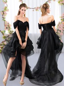 Black Short Sleeves Lace and Ruffled Layers High Low Bridesmaid Dress