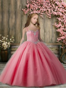 Watermelon Red Sleeveless Tulle Lace Up Little Girls Pageant Dress for Party and Wedding Party