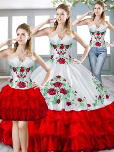 White And Red Sleeveless Floor Length Beading and Embroidery and Ruffled Layers Lace Up Vestidos de Quinceanera