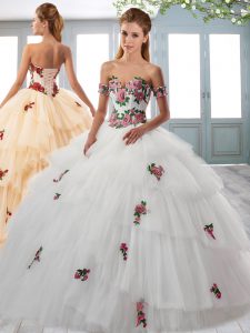 Appliques and Ruffled Layers Quince Ball Gowns White Lace Up Sleeveless Sweep Train